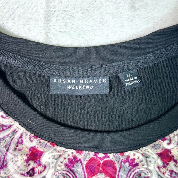 Susan Graver Weekend Black/Pink/White Printed Crewneck Knit Lg Sleeve Top Sz XL - Picture 3 of 7